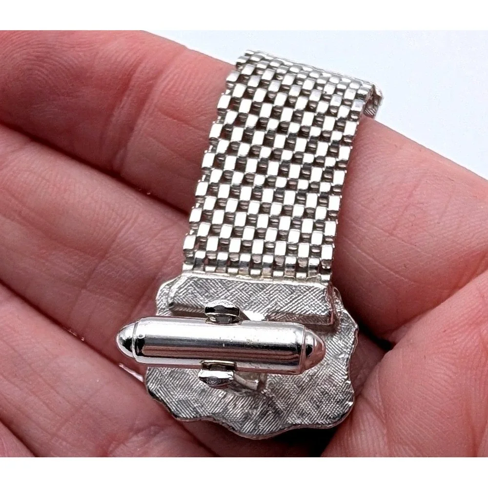 Vintage Silver Tone Mesh Wrap Cufflinks Blue Art Glass Stone Mid Century Modern